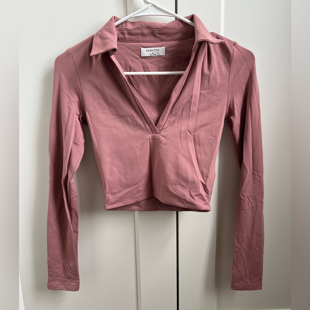 NWOT Aritzia Babaton Contour V Nexk Collared Long Sleeve Pink Mauve Blouse XS